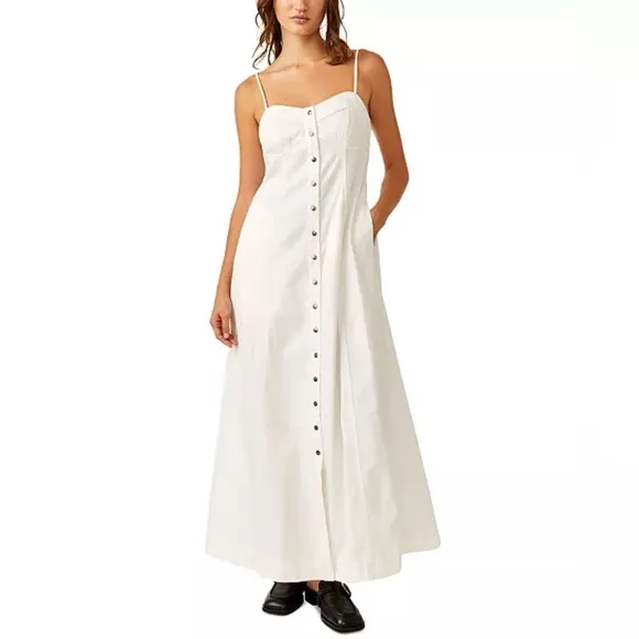 NWT Free People Just Jill Denim Maxi Dress White Ivory‎ Small Western Bohemian