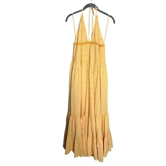 NWT Free People Pintuck Paradise Maxi Dress Size XL Yellow Eyelet Halter