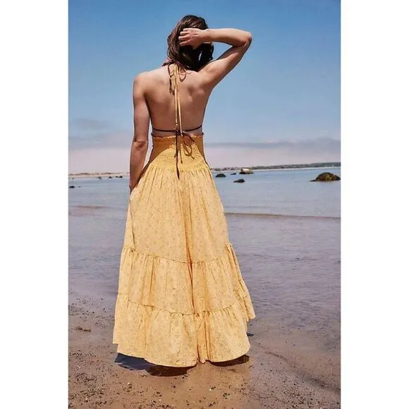 NWT Free People Pintuck Paradise Maxi Dress Size XL Yellow Eyelet Halter