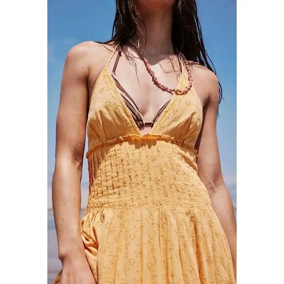 NWT Free People Pintuck Paradise Maxi Dress Size XL Yellow Eyelet Halter