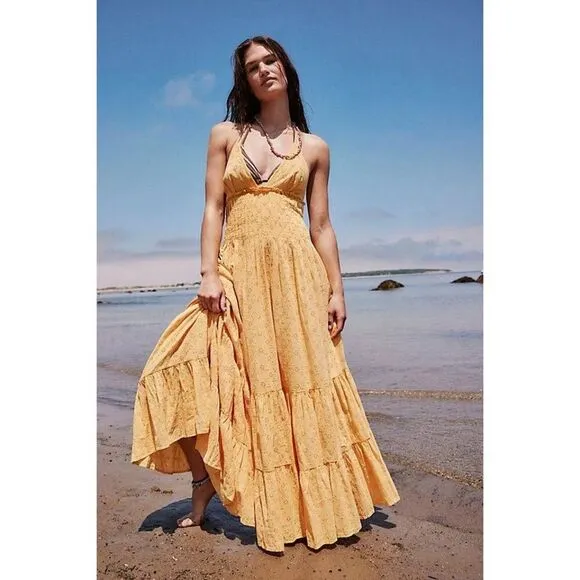 NWT Free People Pintuck Paradise Maxi Dress Size XL Yellow Eyelet Halter