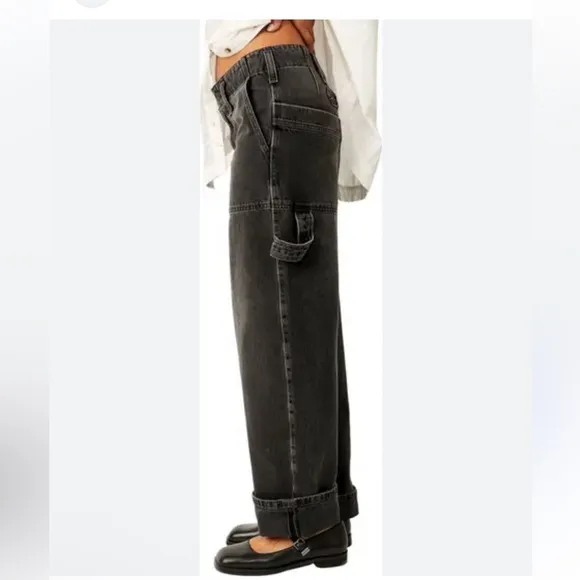 NWT Free People we the free major league mid rise black cargo jeans pants 25