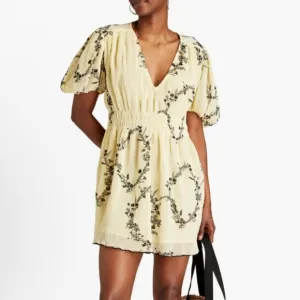 NWT Ganni Dress 14 Mini Pale Yellow Black Floral Printed Vneck Plisse Floral