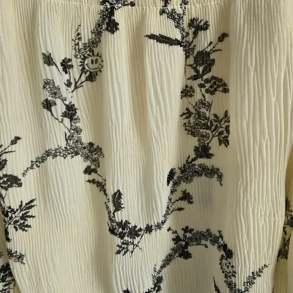 NWT Ganni Dress 14 Mini Pale Yellow Black Floral Printed Vneck Plisse Floral