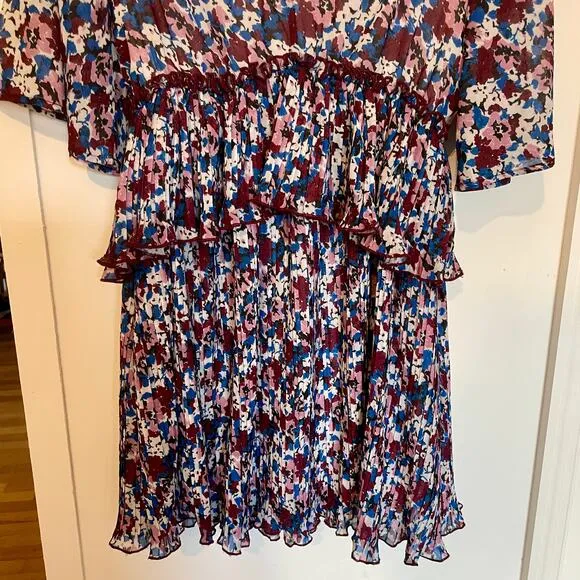 NWT Ganni Pleated Georgette Mini Dress Multi-Color Flounce V-Neck NEW sz 36