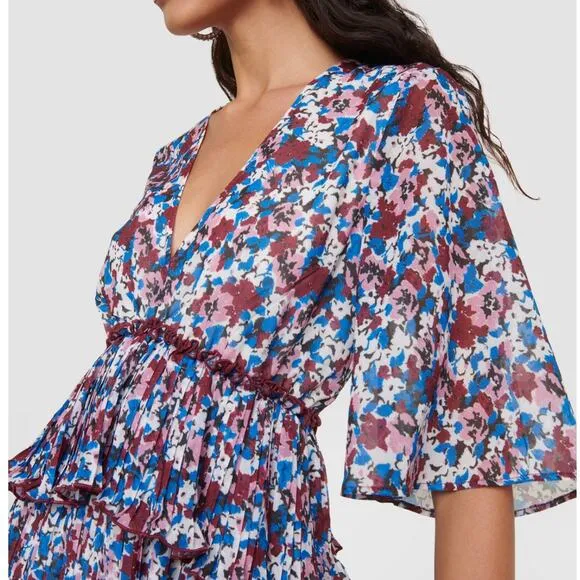 NWT Ganni Pleated Georgette Mini Dress Multi-Color Flounce V-Neck NEW sz 36