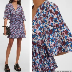 NWT Ganni Pleated Georgette Mini Dress Multi-Color Flounce V-Neck NEW sz 36