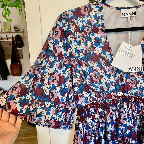 NWT Ganni Pleated Georgette Mini Dress Multi-Color Flounce V-Neck NEW sz 36