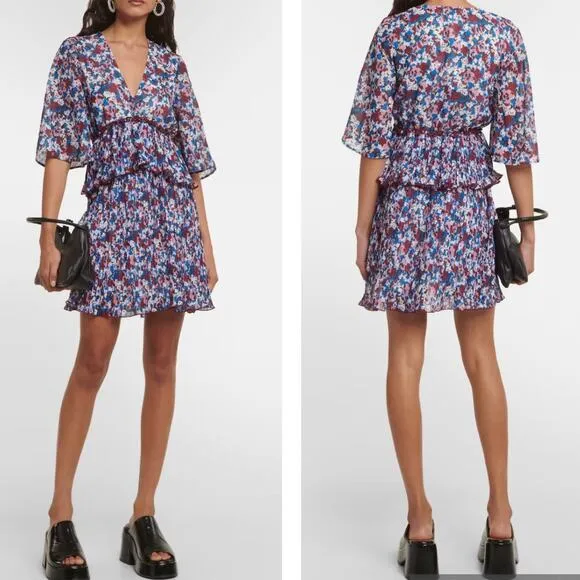 NWT Ganni Pleated Georgette Mini Dress Multi-Color Flounce V-Neck NEW sz 36