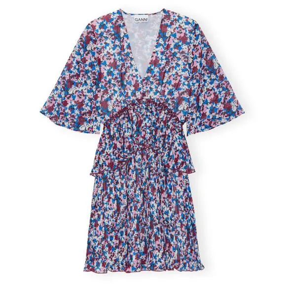 NWT Ganni Pleated Georgette Mini Dress Multi-Color Flounce V-Neck NEW sz 36