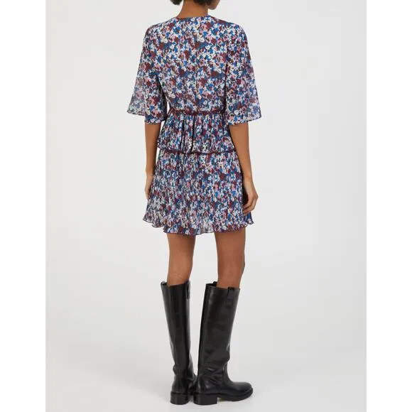 NWT Ganni Pleated Georgette Mini Dress Multi-Color Flounce V-Neck NEW sz 36