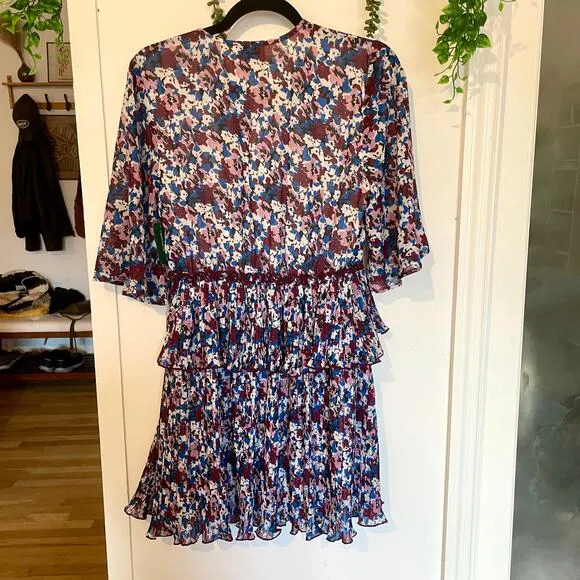 NWT Ganni Pleated Georgette Mini Dress Multi-Color Flounce V-Neck NEW sz 36