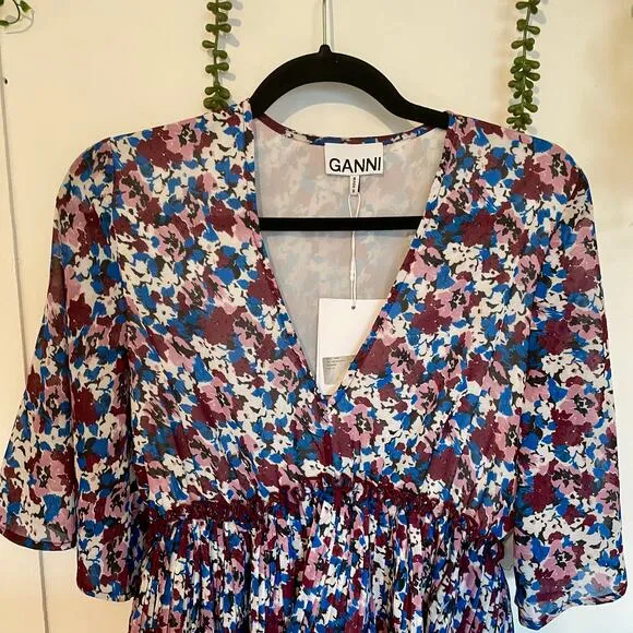 NWT Ganni Pleated Georgette Mini Dress Multi-Color Flounce V-Neck NEW sz 36