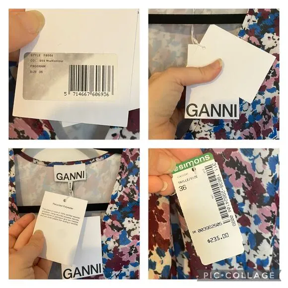 NWT Ganni Pleated Georgette Mini Dress Multi-Color Flounce V-Neck NEW sz 36