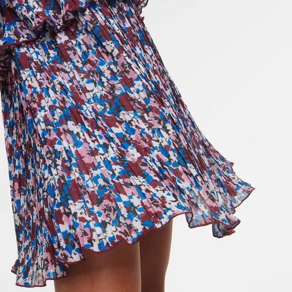 NWT Ganni Pleated Georgette Mini Dress Multi-Color Flounce V-Neck NEW sz 36