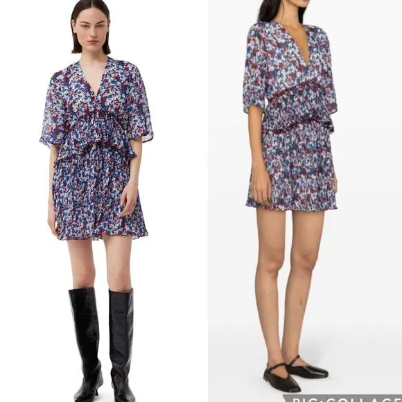 NWT Ganni Pleated Georgette Mini Dress Multi-Color Flounce V-Neck NEW sz 36