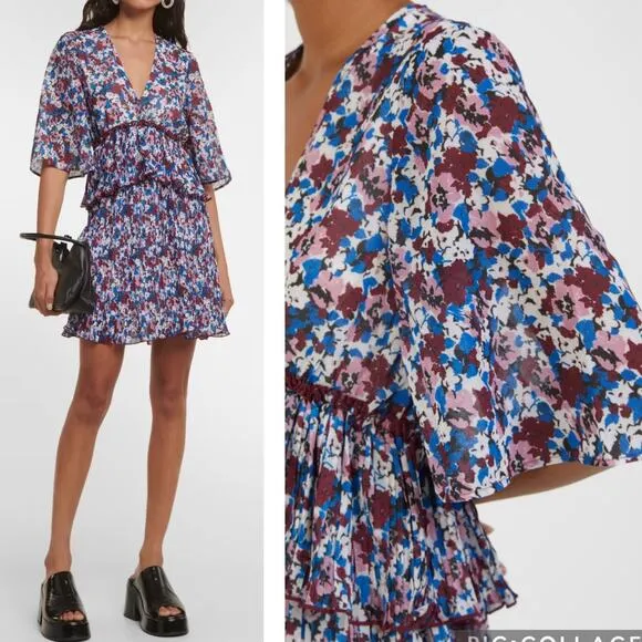 NWT Ganni Pleated Georgette Mini Dress Multi-Color Flounce V-Neck NEW sz 36