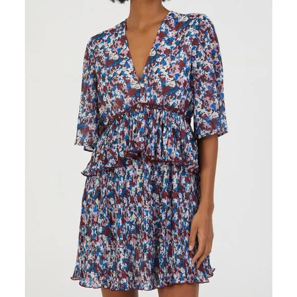 NWT Ganni Pleated Georgette Mini Dress Multi-Color Flounce V-Neck NEW sz 36
