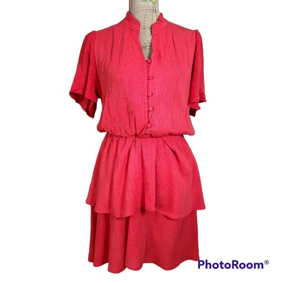 NWT Gibson Look Red Short Flutter Sleeves Layered Tiered Mini Dress Size Medium