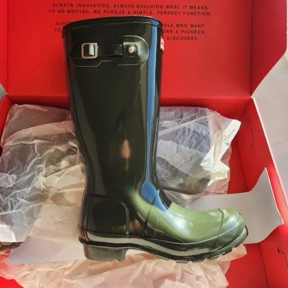 NWT HUNTER Original Kids Gloss/ Rain Boots Dark Oliver UK 4/ US 5B/6G / EU 37