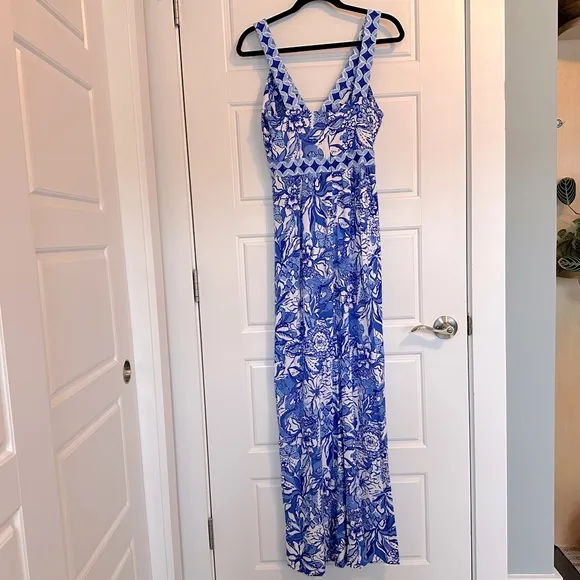 NWT Lilly Pulitzer Serena V-Neck Maxi Dress, Blue Tang Floral, Size 2