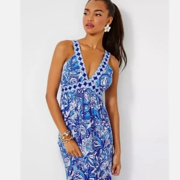 NWT Lilly Pulitzer Serena V-Neck Maxi Dress, Blue Tang Floral, Size 2