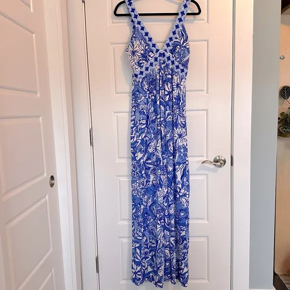 NWT Lilly Pulitzer Serena V-Neck Maxi Dress, Blue Tang Floral, Size 2