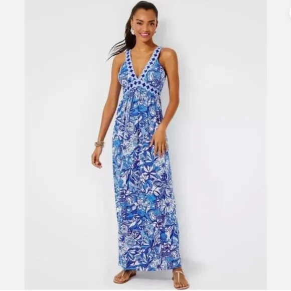 NWT Lilly Pulitzer Serena V-Neck Maxi Dress, Blue Tang Floral, Size 2