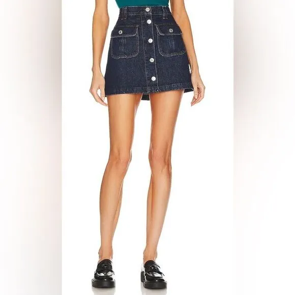 NWT Re/Done 70s Button Front Heritage Rinse Denim A-Line Mini Skirt Size Large