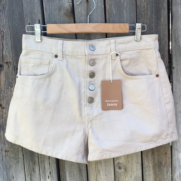 NWT Reformation Charlie Exposed Button Fly Jean Shorts Almond 28
