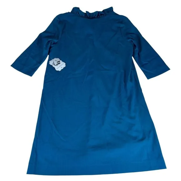 NWT Sawyer Quarter Sleeve Shift Dress Women's M Teal Blue Ruffle V-Neck Pullover