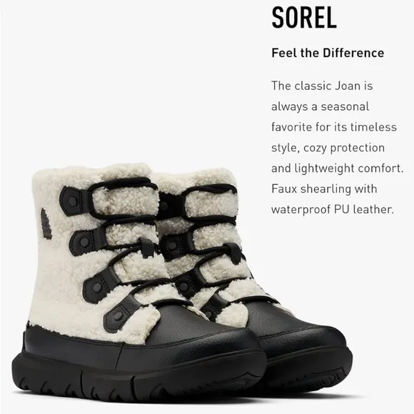 nwt Sorel Women’s Explorer II Joan Cozy Boots in Black, Sea Salt Size 8.5
