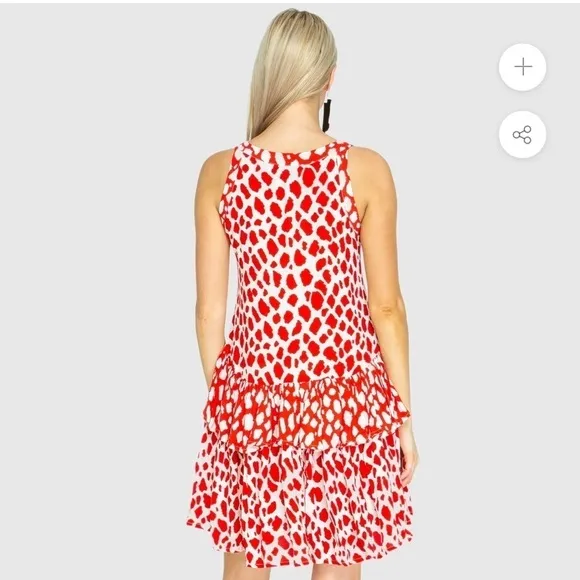 NWT State of Georgia White Red V Neck Ruffle Rara Dress In Red Giraffe sz XS/S