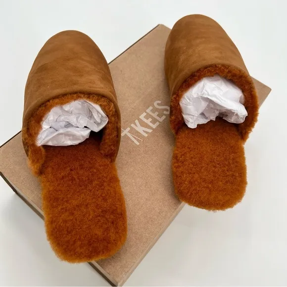 NWT TKEES Ines Shearling Camel Sandal Flats US 9 EU 40 Loafers Suede Mules