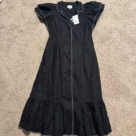 NWT Tuckernuck Alice midi dress, black with white scalloped trim, sz M