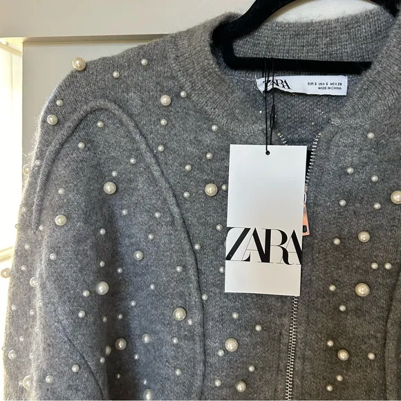 NWT Zara Pearl Trim Knit Bomber Gray Size SMALL