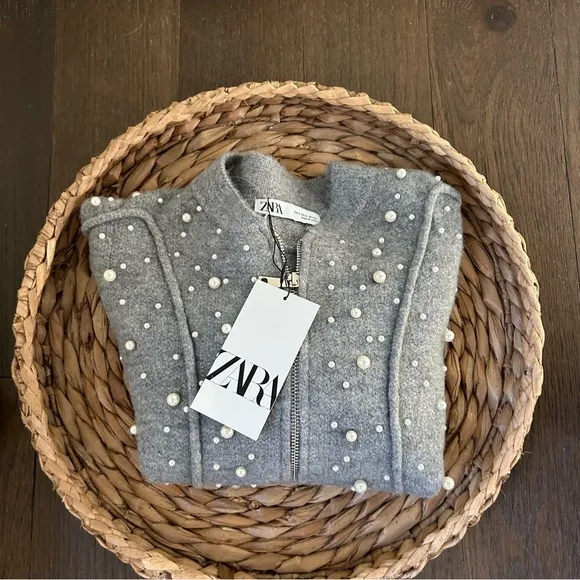 NWT Zara Pearl Trim Knit Bomber Gray Size SMALL