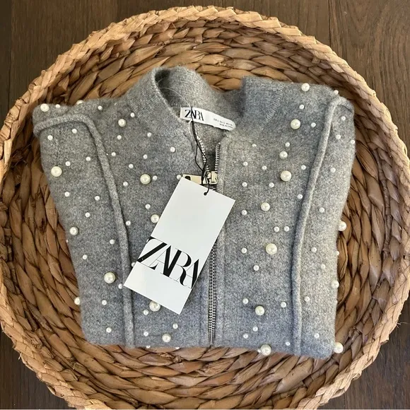 NWT Zara Pearl Trim Knit Bomber Gray Size SMALL