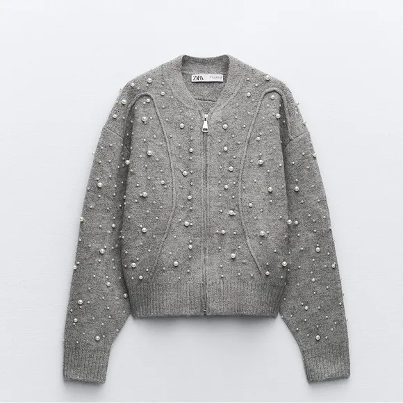 NWT Zara Pearl Trim Knit Bomber Gray Size SMALL