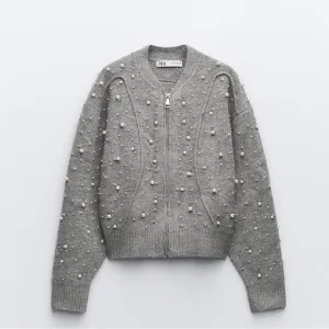 NWT Zara Pearl Trim Knit Bomber Gray Size SMALL