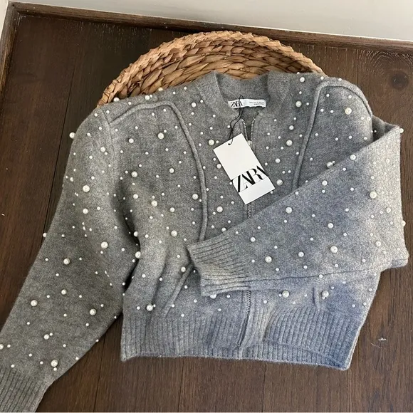 NWT Zara Pearl Trim Knit Bomber Gray Size SMALL