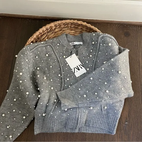 NWT Zara Pearl Trim Knit Bomber Gray Size SMALL