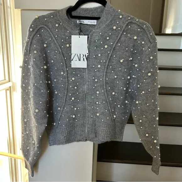 NWT Zara Pearl Trim Knit Bomber Gray Size SMALL
