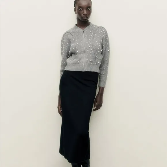 NWT Zara Pearl Trim Knit Bomber Gray Size SMALL