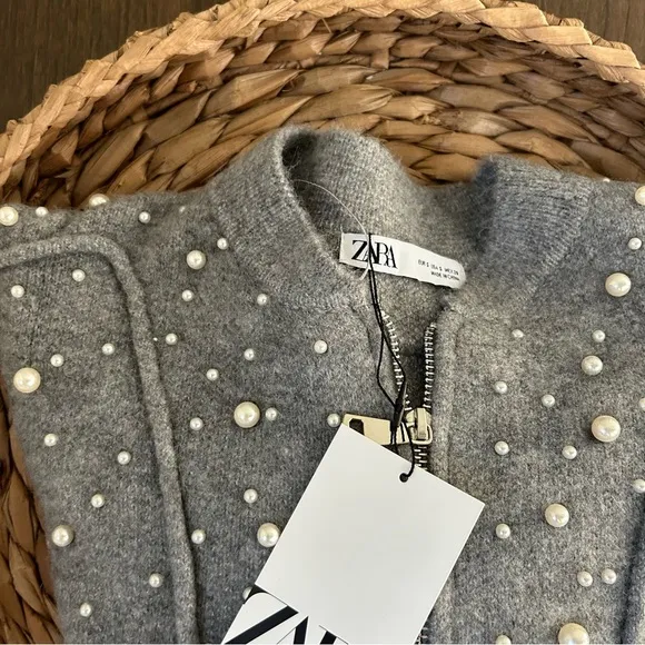NWT Zara Pearl Trim Knit Bomber Gray Size SMALL