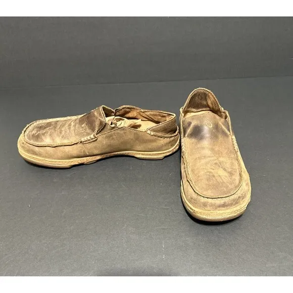 OluKai Moloa Mens 8 Shoes Brown Leather Slip On Casual Slipper Convert loafers
