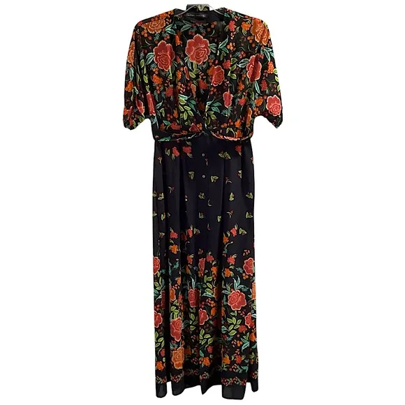 On Hold! Zara Black Floral Button Down Kimono Kaftan Maxi Long Dress Size Small