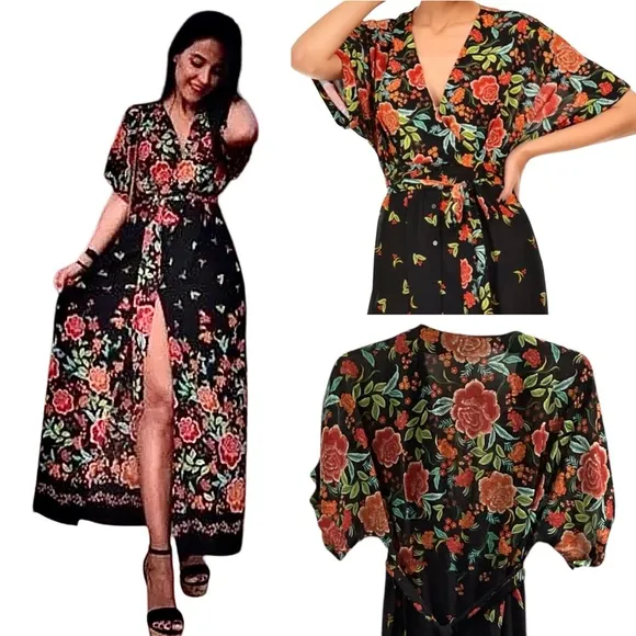 On Hold! Zara Black Floral Button Down Kimono Kaftan Maxi Long Dress Size Small
