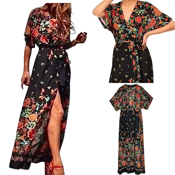 On Hold! Zara Black Floral Button Down Kimono Kaftan Maxi Long Dress Size Small