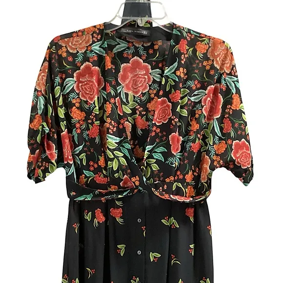 On Hold! Zara Black Floral Button Down Kimono Kaftan Maxi Long Dress Size Small